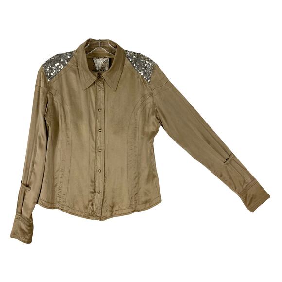 DA-NANG Shirt Women ~S Brown Silk Pearl-Snaps Silver Sequins Long-Slv Button-Up
